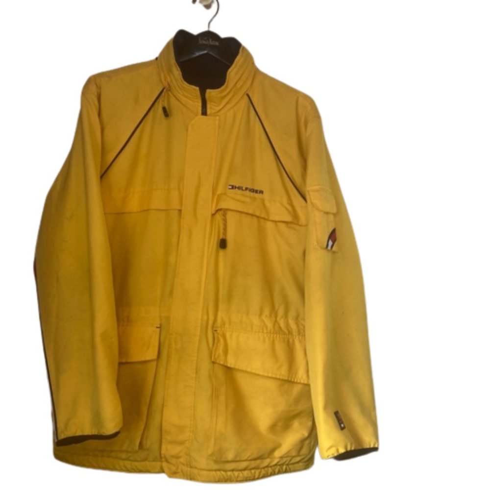 Vintage Tommy Hilfiger Jacket Men's XL Reversible Yellow Blue Hooded Coat Heavy